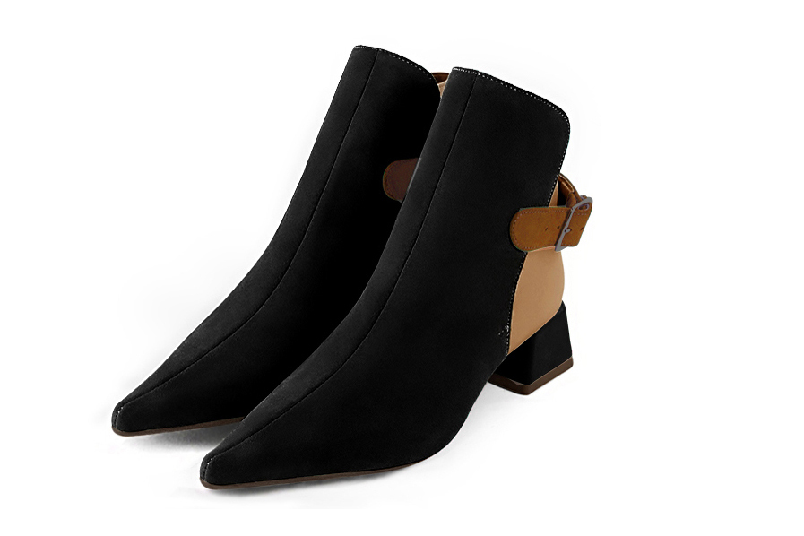 Women's matt black, camel beige and caramel brown elegant ankle boots, with buckles at the back. Pointed toe. Low flare heels - Front view